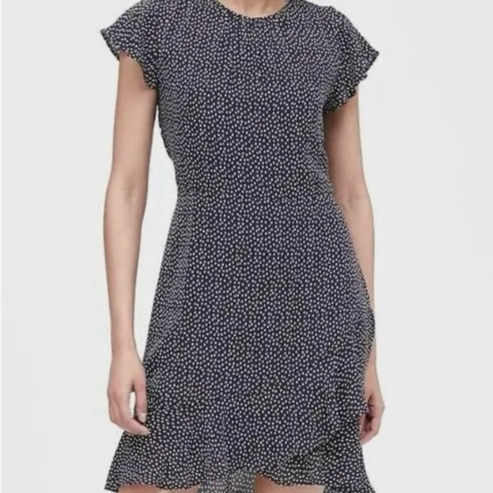 Banana Republic Navy Polka Dot Print Short Flutter Sleeve Dress 6